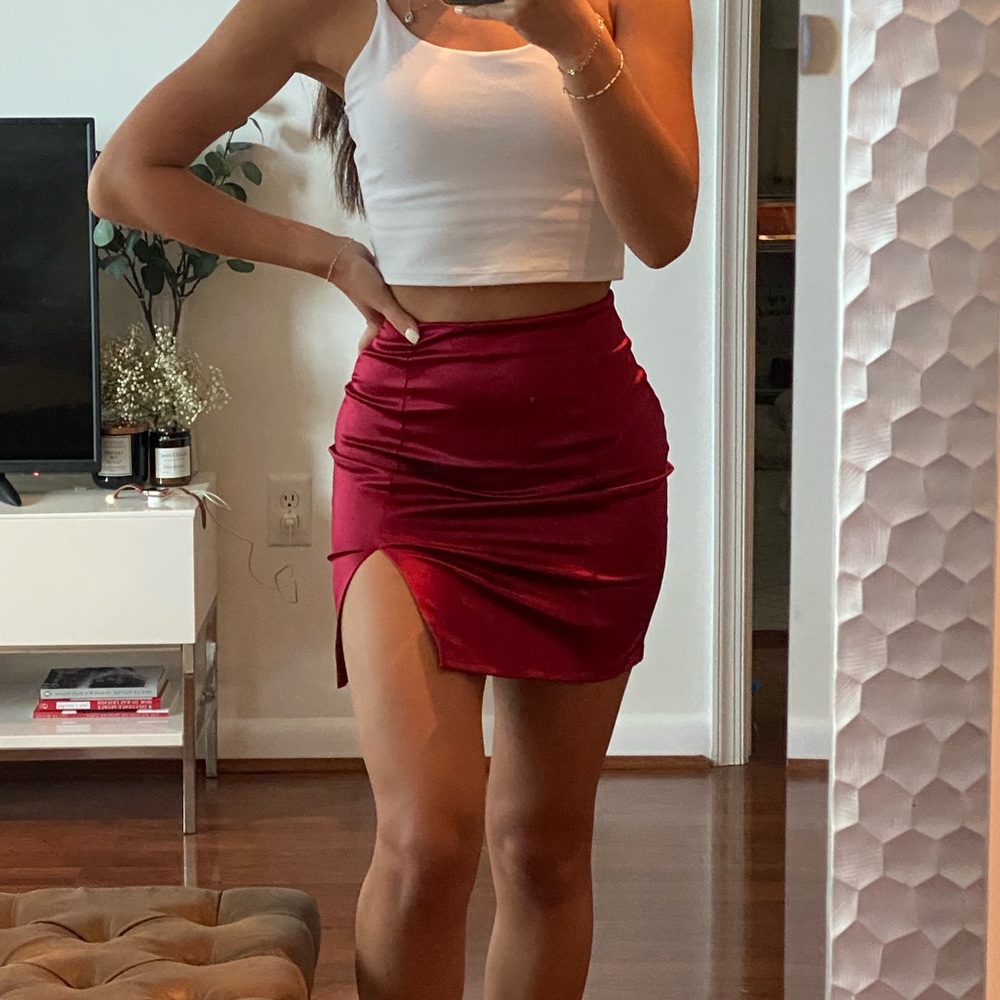 Windsor Red Satin High Waisted Bodycon Skirt with Slit